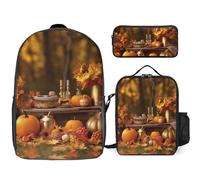 3 Piece Backpack for Women Men Lightweight Causal Daypack Shoulder Bag Set with Insulated Lunch Bag And Pencil Case Organizers Thanksgiving Golden Fall