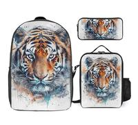 3 Piece Backpack for Women Men Lightweight Causal Daypack Shoulder Bag Set with Insulated Lunch Bag And Pencil Case Organizers Draw A Tiger Face