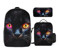 3 Piece Backpack for Women Men Lightweight Causal Daypack Shoulder Bag Set with Insulated Lunch Bag And Pencil Case Organizers Black Cat Eyes, Style, One Size