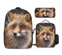 3 Piece Backpack for Women Men Lightweight Causal Daypack Shoulder Bag Set with Insulated Lunch Bag And Pencil Case Organizers The Fox Looks Into The Distance