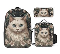 3 Piece Backpack for Women Men Lightweight Causal Daypack Shoulder Bag Set with Insulated Lunch Bag And Pencil Case Organizers Leaf And White Cat, Style, One Size
