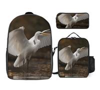 3 Piece Backpack for Women Men Lightweight Causal Daypack Shoulder Bag Set with Insulated Lunch Bag And Pencil Case Organizers Egret Spreads Its Wings