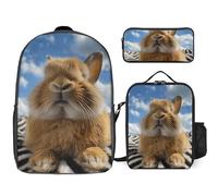 3 Piece Backpack for Women Men Lightweight Causal Daypack Shoulder Bag Set with Insulated Lunch Bag And Pencil Case Organizers Rabbit Closes His Eyes