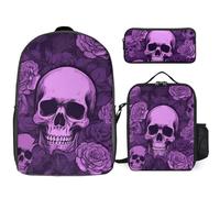 3 Piece Backpack for Women Men Lightweight Causal Daypack Shoulder Bag Set with Insulated Lunch Bag And Pencil Case Organizers Purple Skulls And Roses