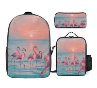 3 Piece Backpack for Women Men Lightweight Causal Daypack Shoulder Bag Set with Insulated Lunch Bag And Pencil Case Organizers Flamingos at Dusk