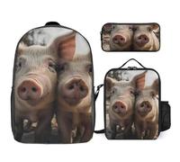 3 Piece Backpack for Women Men Lightweight Causal Daypack Shoulder Bag Set with Insulated Lunch Bag And Pencil Case Organizers Pigs Together, Style, One Size