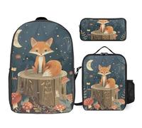 3 Piece Backpack for Women Men Lightweight Causal Daypack Shoulder Bag Set with Insulated Lunch Bag And Pencil Case Organizers Sitting on A Tree Stump