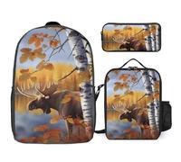 3 Piece Backpack for Women Men Lightweight Causal Daypack Shoulder Bag Set with Insulated Lunch Bag And Pencil Case Organizers Fall Birch Leaves Elk