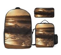 3 Piece Backpack for Women Men Lightweight Causal Daypack Shoulder Bag Set with Insulated Lunch Bag And Pencil Case Organizers The Waves Are Moving