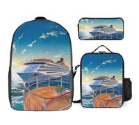 3 Piece Backpack for Women Men Lightweight Causal Daypack Shoulder Bag Set with Insulated Lunch Bag And Pencil Case Organizers Summer Sea Cruise