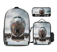 3 Piece Backpack for Women Men Lightweight Causal Daypack Shoulder Bag Set with Insulated Lunch Bag And Pencil Case Organizers Airplane Art
