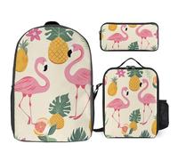 3 Piece Backpack for Women Men Lightweight Causal Daypack Shoulder Bag Set with Insulated Lunch Bag And Pencil Case Organizers Flamingos And Pineapples