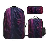 3 Piece Backpack for Women Men Lightweight Causal Daypack Shoulder Bag Set with Insulated Lunch Bag And Pencil Case Organizers Purple Wavy Stripes