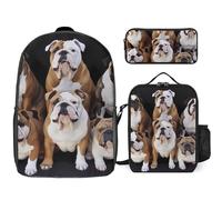 3 Piece Backpack for Women Men Lightweight Causal Daypack Shoulder Bag Set with Insulated Lunch Bag And Pencil Case Organizers English Bulldogs