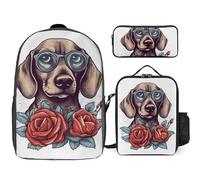 3 Piece Backpack for Women Men Lightweight Causal Daypack Shoulder Bag Set with Insulated Lunch Bag And Pencil Case Organizers Dog Wearing Glasses
