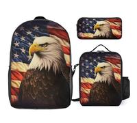 3 Piece Backpack for Women Men Lightweight Causal Daypack Shoulder Bag Set with Insulated Lunch Bag And Pencil Case Organizers Flag And Eagle, Style, One Size