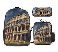 3 Piece Backpack for Women Men Lightweight Causal Daypack Shoulder Bag Set with Insulated Lunch Bag And Pencil Case Organizers Ancient Architecture, Style, One Size