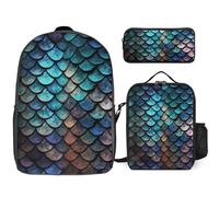 3 Piece Backpack for Women Men Lightweight Causal Daypack Shoulder Bag Set with Insulated Lunch Bag And Pencil Case Organizers 3D Magical Dragon Scales Pattern