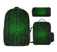 3 Piece Backpack for Women Men Lightweight Causal Daypack Shoulder Bag Set with Insulated Lunch Bag And Pencil Case Organizers Green Number Binary