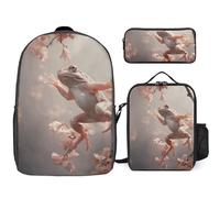 3 Piece Backpack for Women Men Lightweight Causal Daypack Shoulder Bag Set with Insulated Lunch Bag And Pencil Case Organizers White-Headed Tree Frog