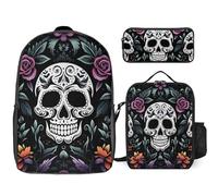 3 Piece Backpack for Women Men Lightweight Causal Daypack Shoulder Bag Set with Insulated Lunch Bag And Pencil Case Organizers Sugar Skulls Black Floral Flowers