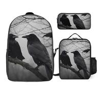 3 Piece Backpack for Women Men Lightweight Causal Daypack Shoulder Bag Set with Insulated Lunch Bag And Pencil Case Organizers Crow Birds