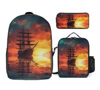 3 Piece Backpack for Women Men Lightweight Causal Daypack Shoulder Bag Set with Insulated Lunch Bag And Pencil Case Organizers A Sailing Boat on The Water