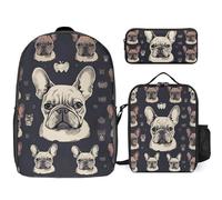 3 Piece Backpack for Women Men Lightweight Causal Daypack Shoulder Bag Set with Insulated Lunch Bag And Pencil Case Organizers I Love French Bulldog
