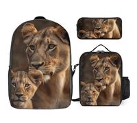 3 Piece Backpack for Women Men Lightweight Causal Daypack Shoulder Bag Set with Insulated Lunch Bag And Pencil Case Organizers African Lion