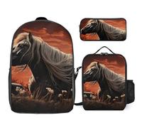 3 Piece Backpack for Women Men Lightweight Causal Daypack Shoulder Bag Set with Insulated Lunch Bag And Pencil Case Organizers Romantic Mustang