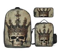 3 Piece Backpack for Women Men Lightweight Causal Daypack Shoulder Bag Set with Insulated Lunch Bag And Pencil Case Organizers Elegant Skull Crown