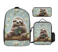 3 Piece Backpack for Women Men Lightweight Causal Daypack Shoulder Bag Set with Insulated Lunch Bag And Pencil Case Organizers Cute Sloths