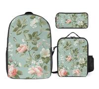 3 Piece Backpack for Women Men Lightweight Causal Daypack Shoulder Bag Set with Insulated Lunch Bag And Pencil Case Organizers Floral Pattern Style