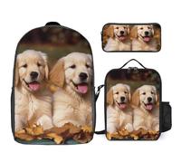 3 Piece Backpack for Women Men Lightweight Causal Daypack Shoulder Bag Set with Insulated Lunch Bag And Pencil Case Organizers Golden Retriever Dogs Puppies Pets