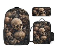 3 Piece Backpack for Women Men Lightweight Causal Daypack Shoulder Bag Set with Insulated Lunch Bag And Pencil Case Organizers Some Skull Shapes