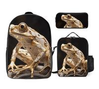 3 Piece Backpack for Women Men Lightweight Causal Daypack Shoulder Bag Set with Insulated Lunch Bag And Pencil Case Organizers Heavy Industry Frog