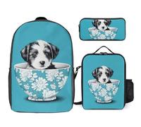 3 Piece Backpack for Women Men Lightweight Causal Daypack Shoulder Bag Set with Insulated Lunch Bag And Pencil Case Organizers Puppy in Cup