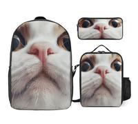 3 Piece Backpack for Women Men Lightweight Causal Daypack Shoulder Bag Set with Insulated Lunch Bag And Pencil Case Organizers Brown Cat Face
