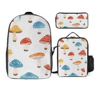 3 Piece Backpack for Women Men Lightweight Causal Daypack Shoulder Bag Set with Insulated Lunch Bag And Pencil Case Organizers Retro Mushroom Pattern