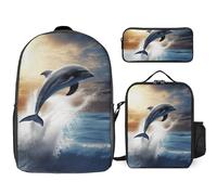 3 Piece Backpack for Women Men Lightweight Causal Daypack Shoulder Bag Set with Insulated Lunch Bag And Pencil Case Organizers Beautiful Dolphin