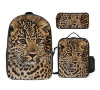 3 Piece Backpack for Women Men Lightweight Causal Daypack Shoulder Bag Set with Insulated Lunch Bag And Pencil Case Organizers Cute Leopard