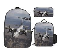 3 Piece Backpack for Women Men Lightweight Causal Daypack Shoulder Bag Set with Insulated Lunch Bag And Pencil Case Organizers US Army Plane