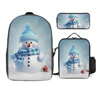 3 Piece Backpack for Women Men Lightweight Causal Daypack Shoulder Bag Set with Insulated Lunch Bag And Pencil Case Organizers Cute Snowman