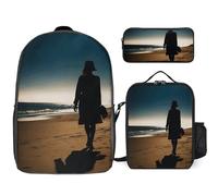 3 Piece Backpack for Women Men Lightweight Causal Daypack Shoulder Bag Set with Insulated Lunch Bag And Pencil Case Organizers Woman Walking on The Beach