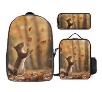 3 Piece Backpack for Women Men Lightweight Causal Daypack Shoulder Bag Set with Insulated Lunch Bag And Pencil Case Organizers Squirrel And Leaves