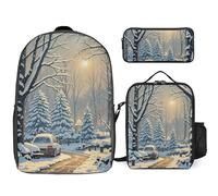 3 Piece Backpack for Women Men Lightweight Causal Daypack Shoulder Bag Set with Insulated Lunch Bag And Pencil Case Organizers Winter Snow Scene