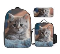 3 Piece Backpack for Women Men Lightweight Causal Daypack Shoulder Bag Set with Insulated Lunch Bag And Pencil Case Organizers Kitten Lying on Carpet