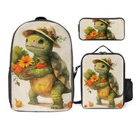 3 Piece Backpack for Women Men Lightweight Causal Daypack Shoulder Bag Set with Insulated Lunch Bag And Pencil Case Organizers A Cartoon Turtle
