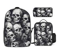 3 Piece Backpack for Women Men Lightweight Causal Daypack Shoulder Bag Set with Insulated Lunch Bag And Pencil Case Organizers Skulls Pattern1