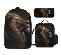 3 Piece Backpack for Women Men Lightweight Causal Daypack Shoulder Bag Set with Insulated Lunch Bag And Pencil Case Organizers The Lion Raises Its Head